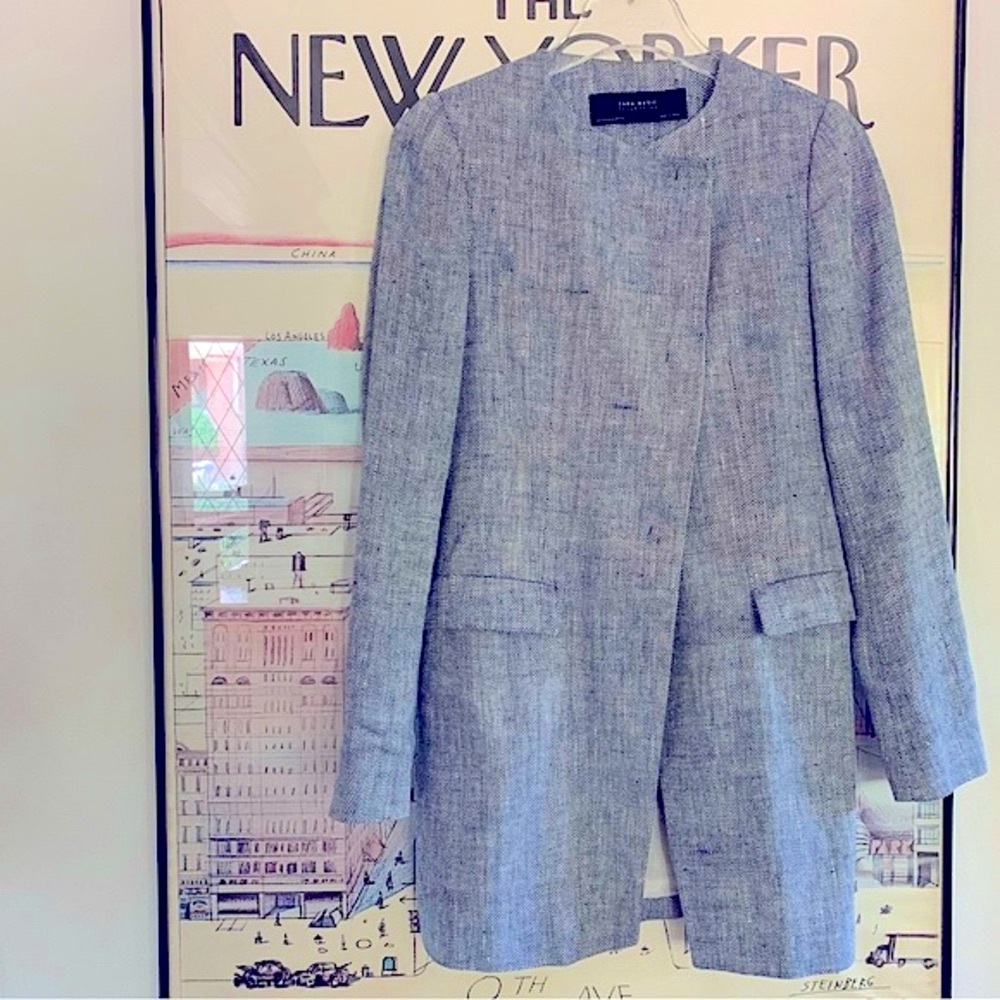 Zara Gray Textured Collarless Long Blazer